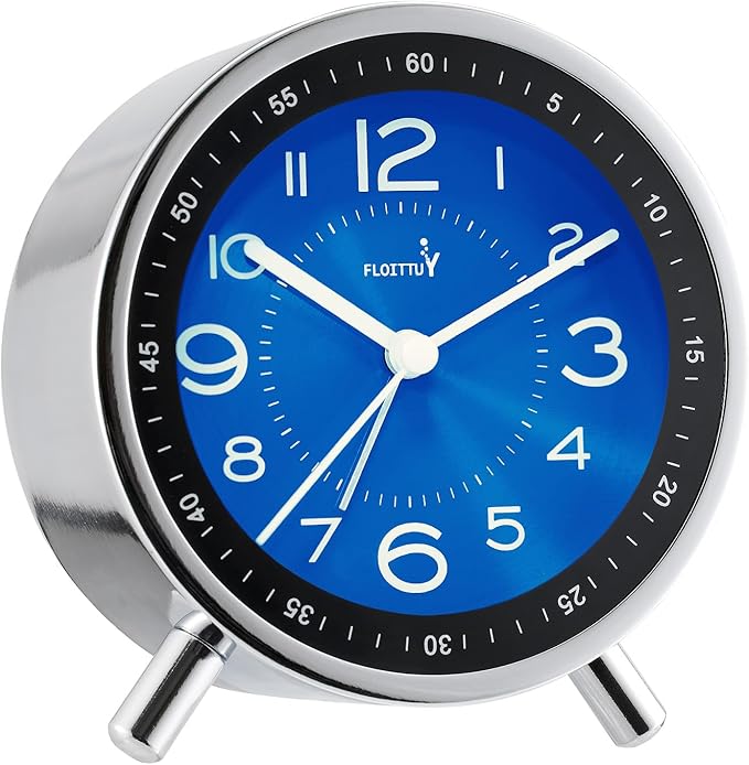 Super Silent Metal Alarm Clock,Beep Wake Round Alarm Clock with Strip Night Light,Battery Operated,Easy Set,Simple & Retro for Desk, Bedroom and Home Decoration(Royal Blue)