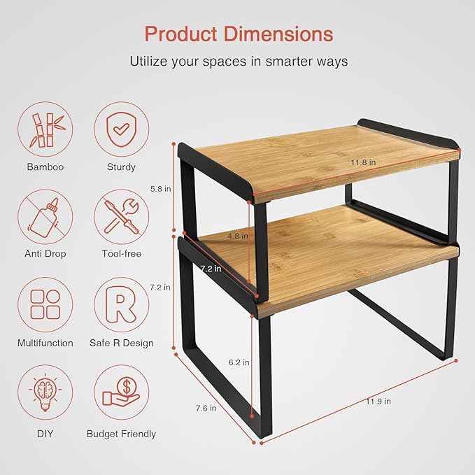 Kitchen Cabinet Organizer Shelf Set of 4, Pantry Organizers and Storage Shelves for Plates Dishes Cups Mugs, Cupboard Counter Cabinet Shelf Riser for Countertop (Bamboo Wood and Black Metal)
