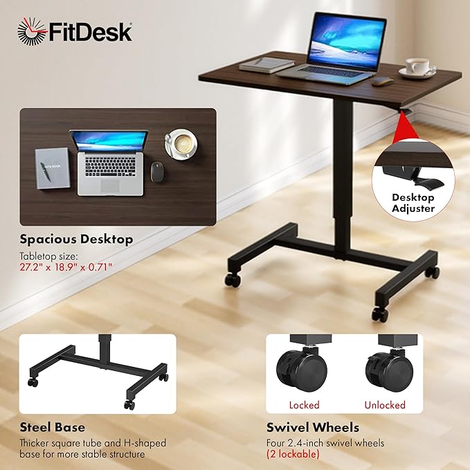 FitDesk Portable Laptop Desk, Rolling Standing Workstation Adjustable Height, Compact Standing Table with Large Surface, Small Stand Desk for Home Office, 30 lb Weight Limit – Walnut, 27" Tabletop