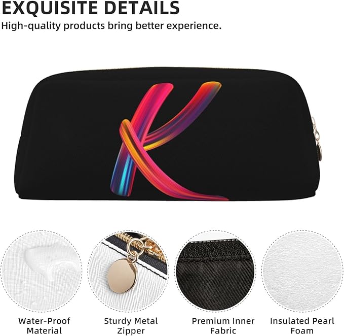 Cute Initial Pencil Case for Kids Simple Leather Pencil Pouch for Boys Girls Letter Design Pencil Box Pen Bag Pencil Pouch Office Stationery Organizer, Rainbow Letter K