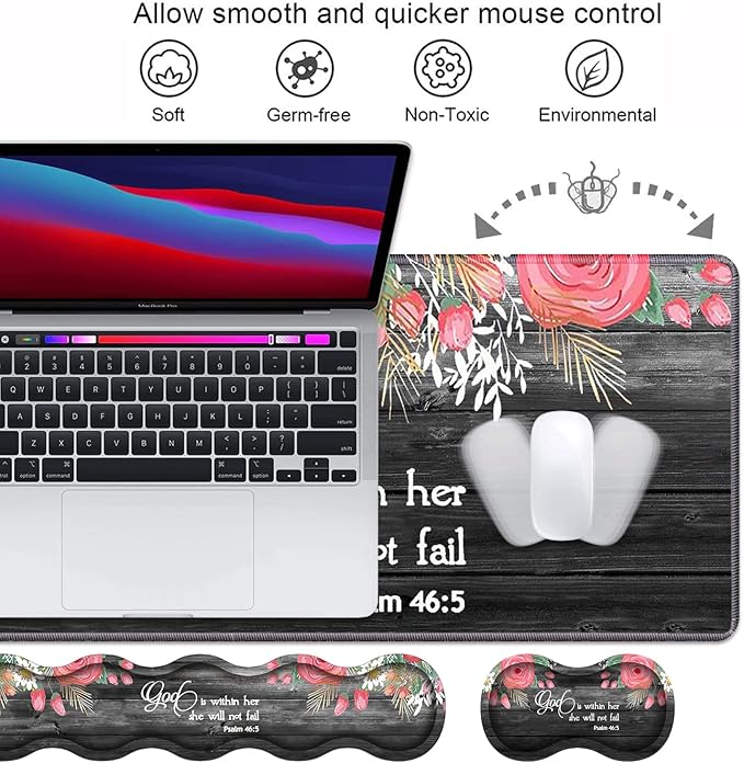 Ergonomic Keyboard Wrist Rest & Mouse Pad Wrist Rest Set,Large XXL Gaming Desk Mat 31.5"x 11.8",Non-Slip Base, Memory Foam,Easy Typing Pain Relief for Office & Home,Floral Quote Bible Verse Psalm 46:5