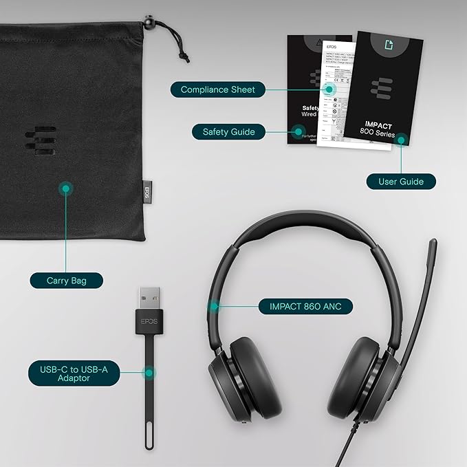 EPOS Impact 860 ANC Double-Sided Wired Headset with Active Noise Cancellation, USB C and USB A, Super Wideband, Lightweight, Comfortable Fit, Microsoft Teams & Zoom Compatible for Office & Remote Work