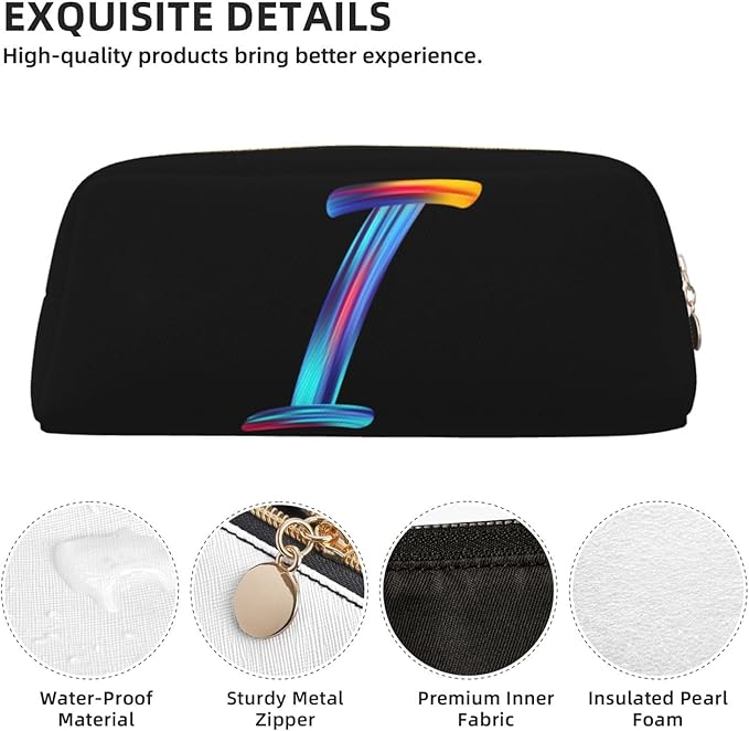 Cute Initial Pencil Case for Kids Simple Leather Pencil Pouch for Boys Girls Letter Design Pencil Box Pen Bag Pencil Pouch Office Stationery Organizer, Rainbow Letter I