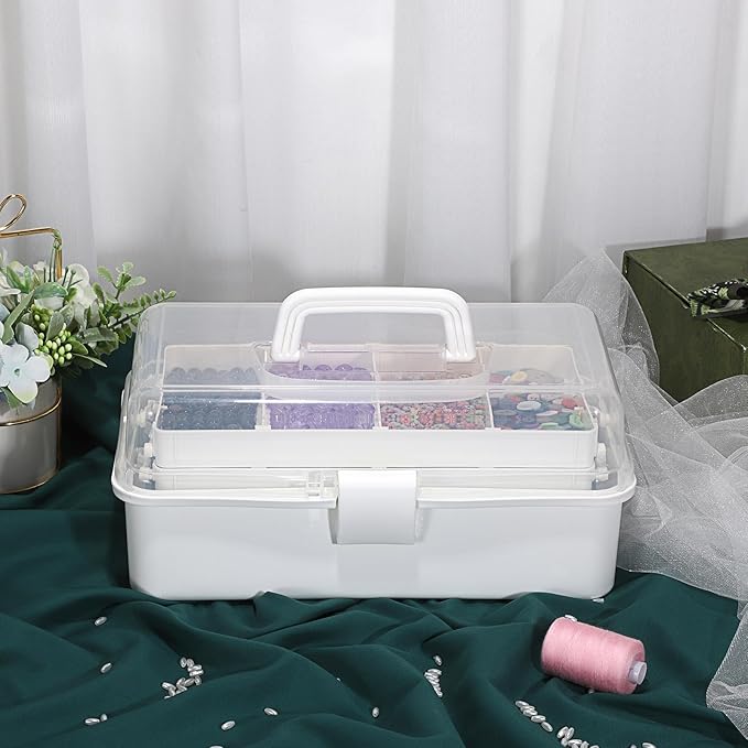BTSKY 3-Layer Plastic Dividing Storage Box Craft Organizer with Adjustable Spacers Portable Handled Art Supply Multipurpose Home Utility Box for Medicine, Sewing