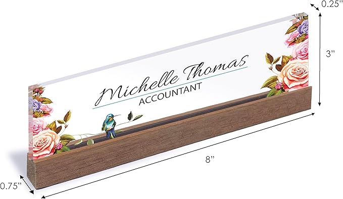 ARTBLOX | Office Personalized Name Plate Flower with Bird Design On Clear Acrylic Glass for Desk with Business Card Holder
