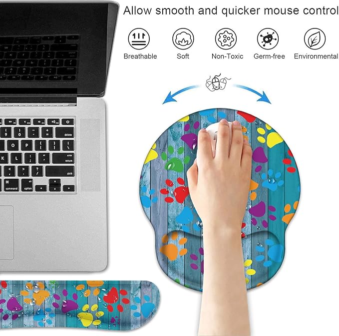 Keyboard Wrist Rest and Mouse Pad Wrist Support Set, Non-Slip PU Base Ergonomic Gaming Mousepad for Home Office Working Studying Easy Typing & Pain Relief, Rustic Wooden Board Colorful Paw Print