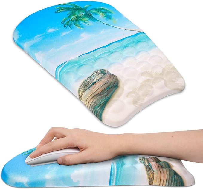 Ergonomic Wrist Mouse Pad with Massage Design, Wrist Rest Pain Relief Mousepad with Memory Foam Non-Slip PU Base, Mouse Pad with Wrist Support for Wireless Mouse & Desk, Y Summer Beach