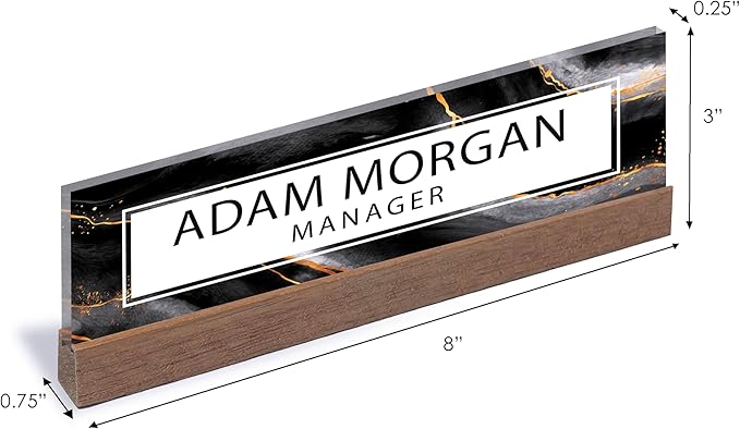 ARTBLOX | Office Personalized Name Plate Black Gold Marble Design On Clear Acrylic Glass for Desk with Business Card Holder