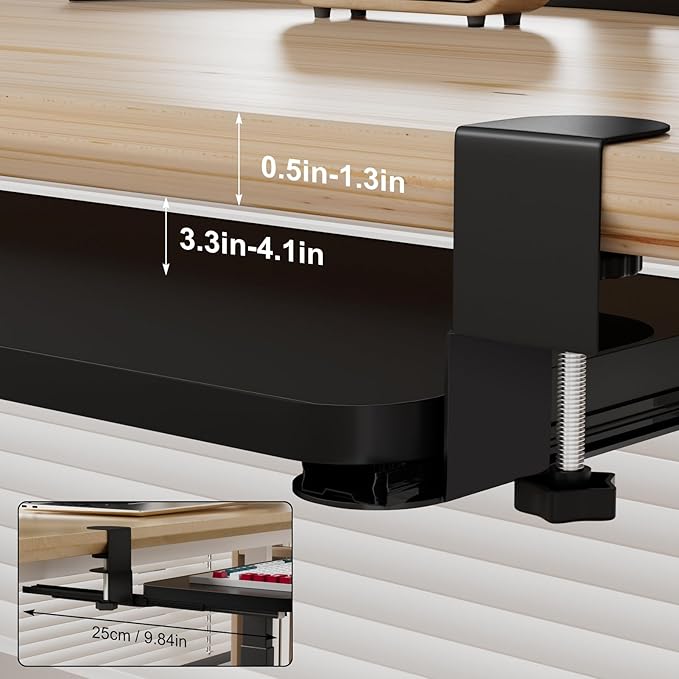 Keyboard Tray Under Desk, Slide Out Computer Keyboard Drawer with Adjustable C-clamp for Home, Office and Gaming Mouse Tray for Typing 25.59" × 9.84" × 4.72" Black