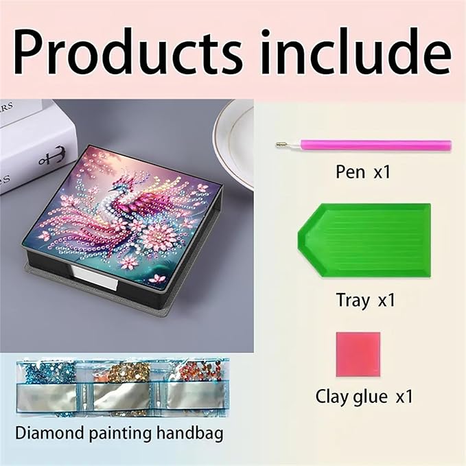Peacock Diamond Painting Note Box Memo Pad Holder, Diamond Art Sticky Notes Organizer for Desk, Aesthetic Stationery Storage Case for Office,School Supplies (Peacock)