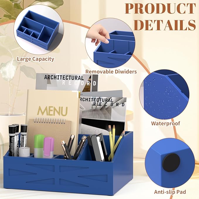 Wood Mail Organizer Countertop,Farmhouse Desk and Kitchen Countertop Storage, Letter Sorter, Desk Mail and Bill Organizer, Desktop File and Paper Holder (Blue)