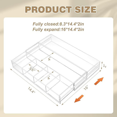 1 PC Acrylic Desk Drawer Organizer 2 Inch Height Expandable Drawer Organizer Trays with 8 Adjustable Compartments Desk Accessories for Makeup Silverware Office Bathroom(Clear,Stylish)