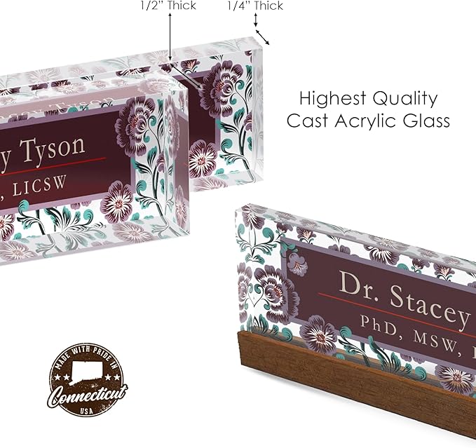 Artblox Personalized Office Desk Name Plate and Business Card Holder | Clear Acrylic Glass with Teak Wood Stand | Vintage Design Customized with Your Name and Credentials Office Desk Décor