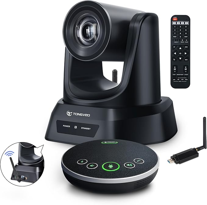 TONGVEO 5.8GHz Wireless Conference Room Camera System | 3X 60fps PTZ Camera with Bluetooth Microphone, 50ft Range, Compatible with Zoom, OBS - Easy Setup for Worship and Online Meetings