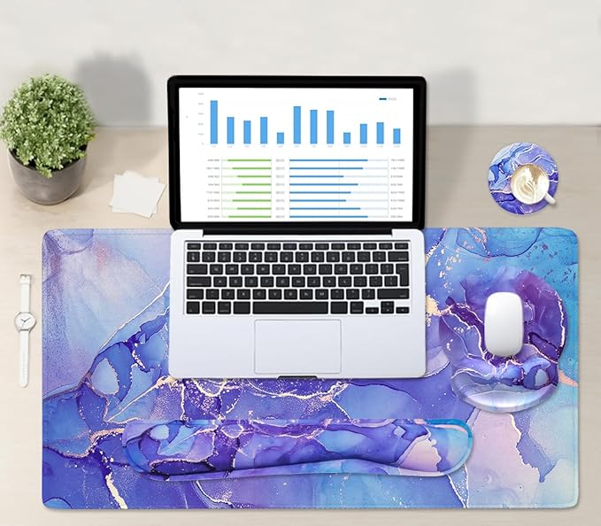 4-in-1 Gaming Mouse Pad Wrist Support Set，Desk Pad + Mouse Pad with Wrist Rest + Keyboard Wrist Rest + Coaster, Ergonomic Design for Home Office Study Game - Purple Marble
