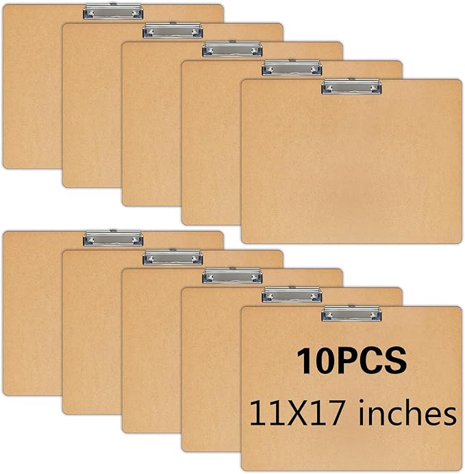 10 PCS Extra Large 11x17 Clipboard, Wood Cleats with Low Profile Clips for Drawing, Sketching, and Art Boards, Horizontal Wood Lapping, Landscape Layout (3Mm Thickness) (10Pack11x17 Clipboard)