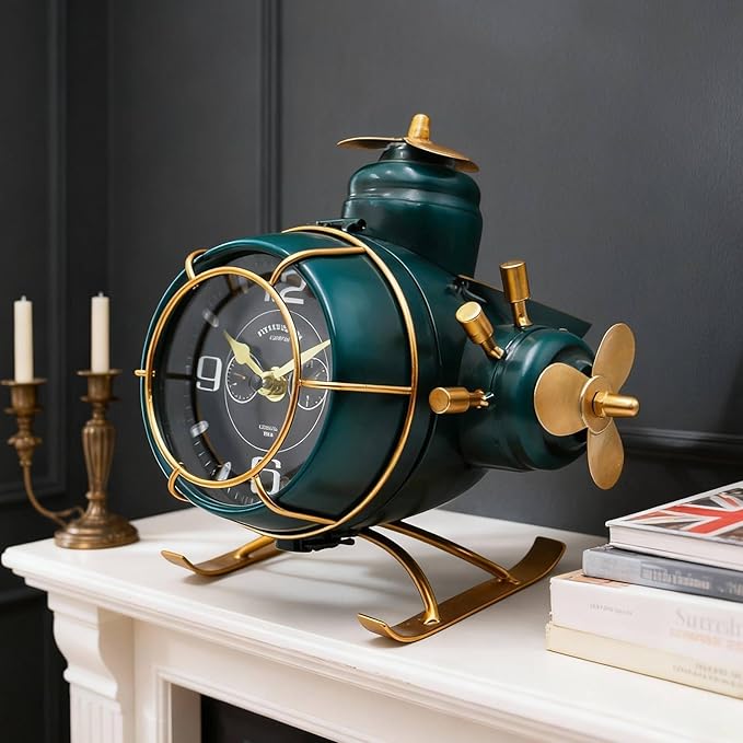 YOUKI Airplane Desk Clocks,Tabletop Decor,Airplane Gifts for Men,Industrial Decor,Shelf Clock for Bedroom Office,Silent No Ticking,Battery Operated,Green,8.6 x 8.4 x 7.5 inches
