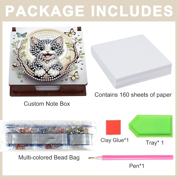 Cat Diamond Painting Kit Note Box,Memo Paper Storage Box Diamond Art,Sticky Note Holder Diamond Art,Diamond Painting Memo Pad For Office Desk. (Cat)