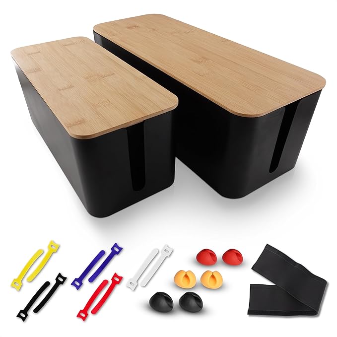 Cord Management Box Set – 2 Pack Cable Organizer Box to Hide Cords and Power Strip Kit with Clips, Reusable Ties & Sleeve – Functional, Modern Design | Medium & Large Sizes for Home & Office Use