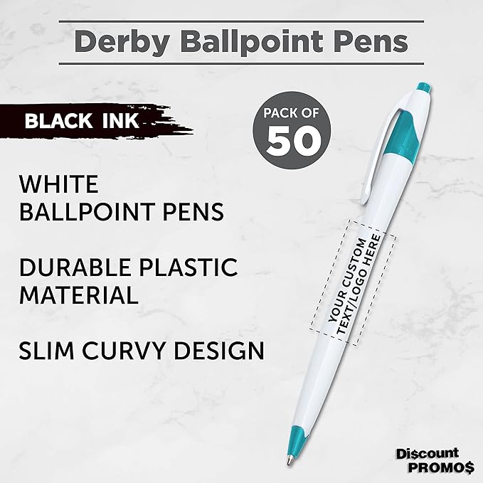 DISCOUNT PROMOS Custom Slim Curvy Ballpoint Pens Set of 50, Personalized Bulk Pack - Black Ink, Retractable, Great for Office, School, Tradeshows - Teal