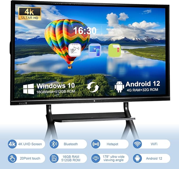 75" Smart Board, 4K UHD Interactive Whiteboard, Digital Touchscreen Smartboard with Open App Ecosystem & Dual System, Ideal for Classroom, Home, Office, Business (Wall Mount Included)