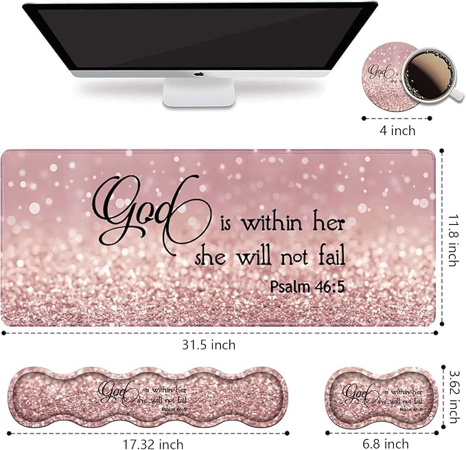 Ergonomic Keyboard Wrist Rest & Mouse Pad Wrist Rest Set, Large XXL Gaming Desk Mat 31.5"x 11.8", Non-Slip Base, Memory Foam, Easy Typing Pain Relief for Office & Home, Quote Bible Verses Psalm 46:5