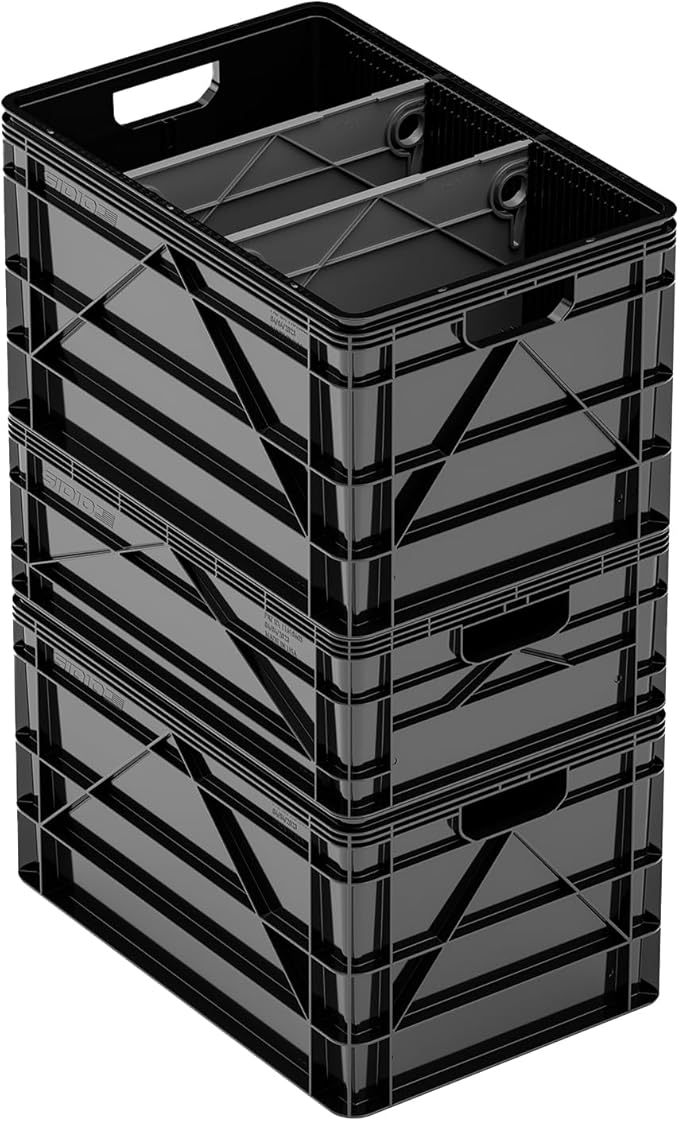 SIDIO Crate Basic Pack - 2 Full-Size & 1 Half-Size Heavy Duty Stackable Storage Bins, Totes and Containers with Dividers - Durable Plastic Organizer for Home, Office, Garage, and Outdoor Use, Black