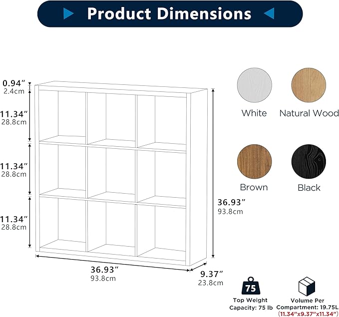 9-Cube Storage Organizer, Wooden Cube Shelf Bookcase with Reinforced Thick Shelves, Heavy-Duty 36.93" L x 9.37" W x 36.93" H, for Living Room Bedroom Home Office, Black