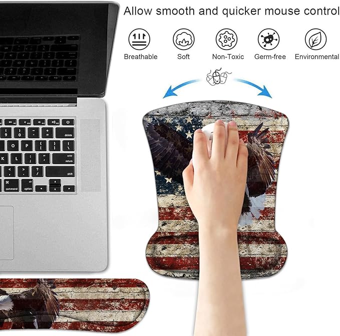 Keyboard Wrist Rest and Mouse Pad Wrist Support Set with Coasters, Non-Slip PU Base Ergonomic Mousepad for Computer Laptop Home Office Easy Typing & Pain Relief, Military Wall Graffiti USA Flag Eagle