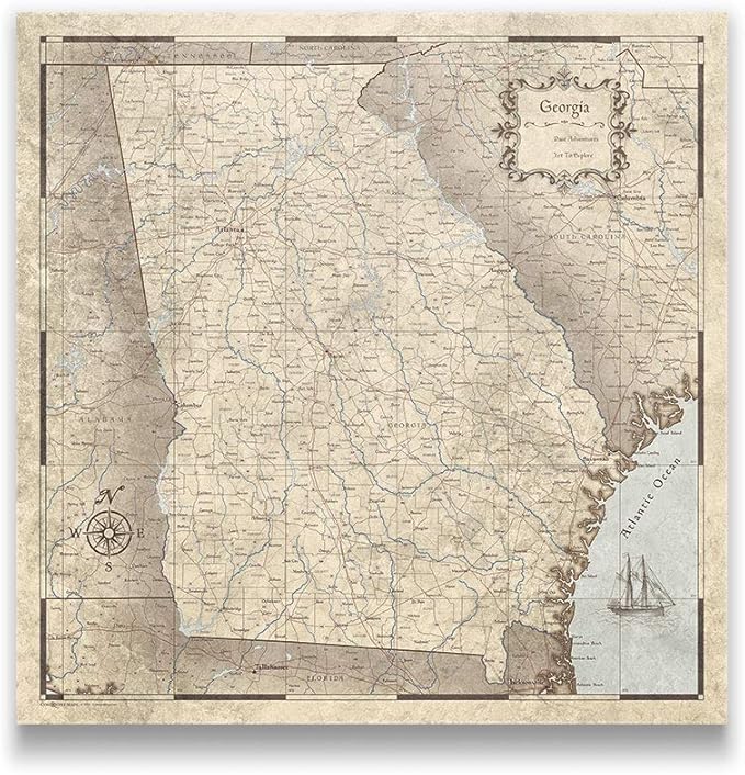 Push Pin Georgia Map Board - With Push Pins to Mark Georgia Travel - Handmade in Ohio, USA - Design: Rustic Vintage