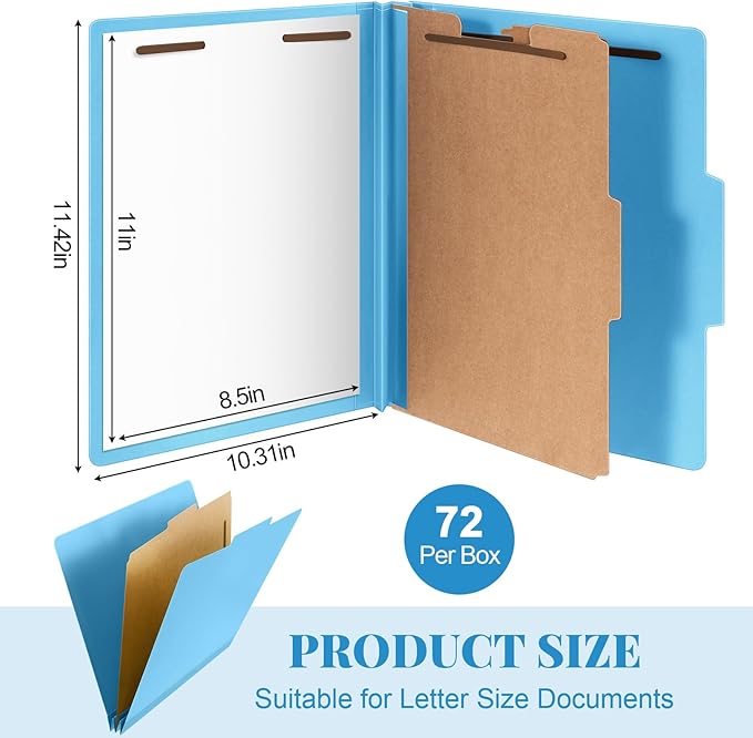 Skyygemm 72 Pcs Classification Folders Letter Size, 1 Divider Pressboard File Folder with Fasteners, Expanding Tax File Organizer Bulk for Teachers, Office, Church, Christmas Donations (Blue)