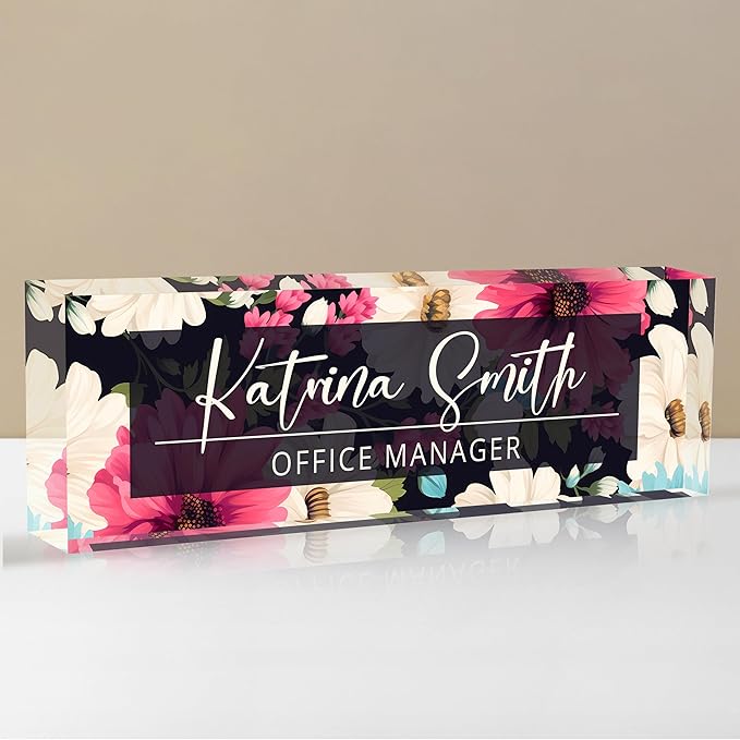 Personalized Name Plate for Desk, Custom Desk Name Plate, Acrylic Name Plate Office Desk Accessories, Personalized Office Gifts for Coworkers Teachers, Employee Appreciation Gifts (C-Dark Floral)