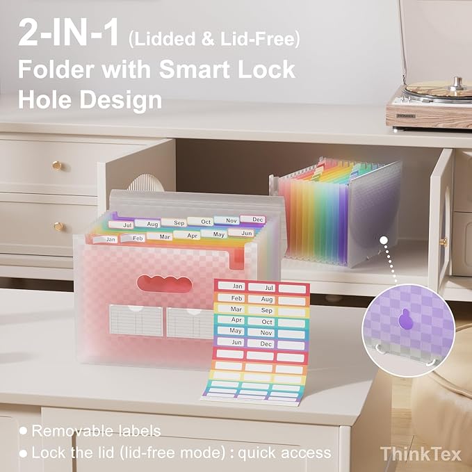 ThinkTex Accordion File Organizer, 12 - Pocket Expanding File Folders for Paper Receipts, Bills&Taxes Organizer, Letter/A4 Size Document Holder for School, Office, Home with Colorful tabs- Pink