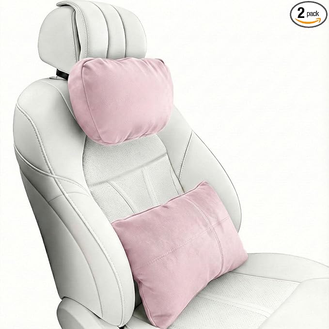 2PCS Car Pillow for Car Neck Pillow for Driving Seat Lumbar Support Soft Cushion with Extra Filling Accessories Back Support for Travel Nap and Trips Sleeping (Light Pink, Head and Lumbar)