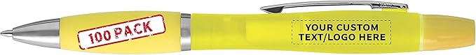 DISCOUNT PROMOS Personalized Two in one Highlighter Pens - 100 pack - Plastic Pens - Customizable Text, Logo - Yellow
