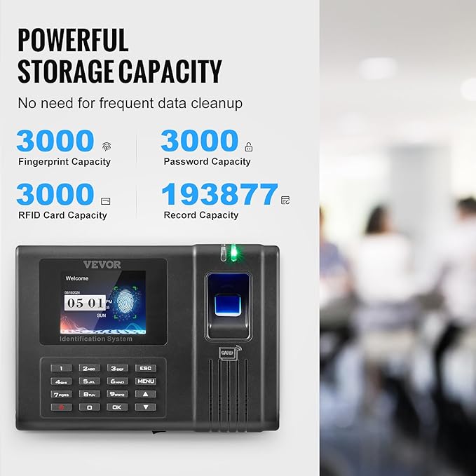 VEVOR Time Clock, Employee Attendance Machine with Fingerprint, RFID and PIN Punching in One, Standalone Biometric Clock in Machine for Employees Small Business with 5 RFID Cards & No Monthly Fees