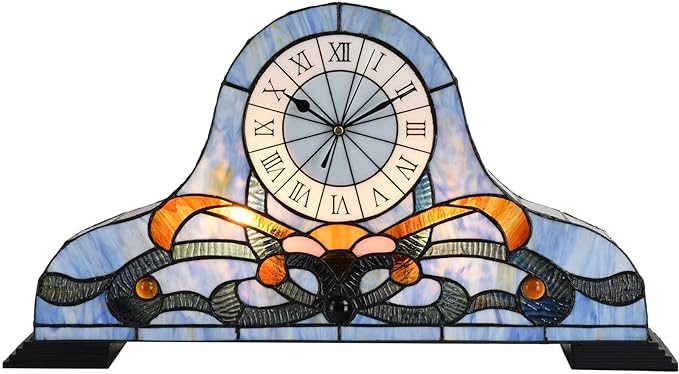 Bieye L10661 Baroque Desk Clock Tiffany Style Stained Glass Accent Table Lamp for Living Room Bedside Home Decoration, Night Light with Quartz Watch Inside (Blue)