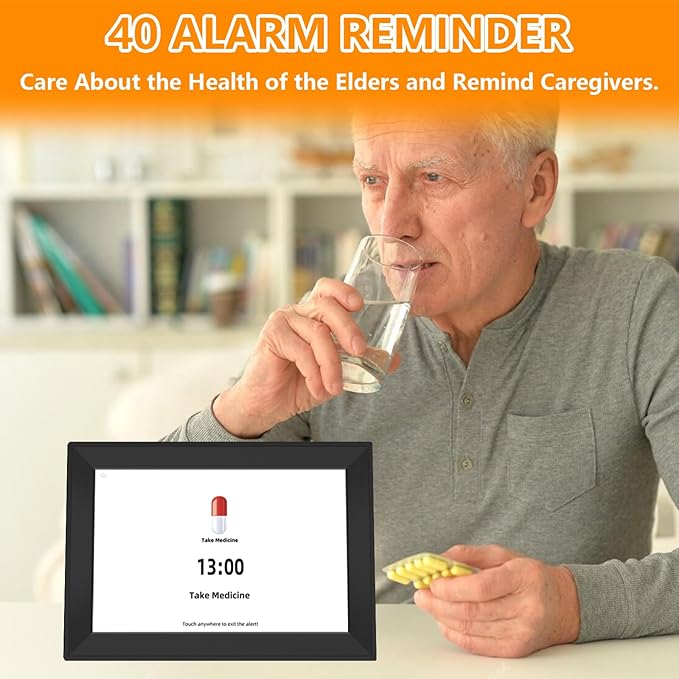 Jazeyeah10.1 Touch Screen Extra Large Digital Clock with Date and Day for Elderly,Medicine Reminders,Dementia Alzheimers Clocks for Seniors, 64 Alarm 40 Reminders, Auto DST, (Black)