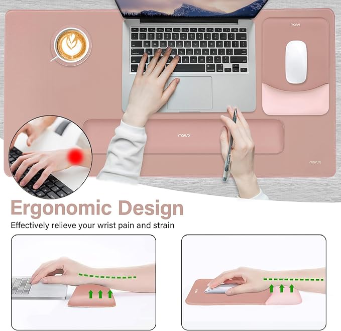 MOSISO Keyboard Mouse Pad Set, Large Gaming Mouse Pad&Rectangular Keyboard Wrist Rest&Mousepad with Wrist Rest&Coaster, Ergonomic Non-Slip&Easy Typing Pad with Curved Silicone Lining, Salmon Pink