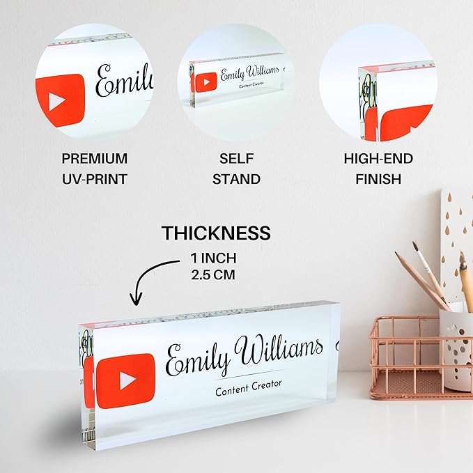 Customized Clear Acrylic Thick 8x3" Desk Name Plate Block with Personalized Logo - Professional Office Decor - Customized Acrylic Plate Gift for Teacher Co-workers (Logo (Clear Background))