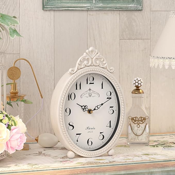 Abdurey Vintage Table Clock on Stand, Desk and Shelf Decorative Clock, French Rustic Style Antique White Mantel Clocks for Living Room,Farmhouse,Bedroom,Bedside,Gift Clocks