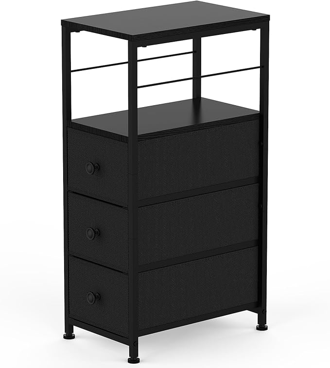 YBING Narrow Dresser, Side Table with 3 Fabric Drawers, Slim Dresser with Open Shelves, Slim Bedside Table for Bedroom, Small Spaces, Black