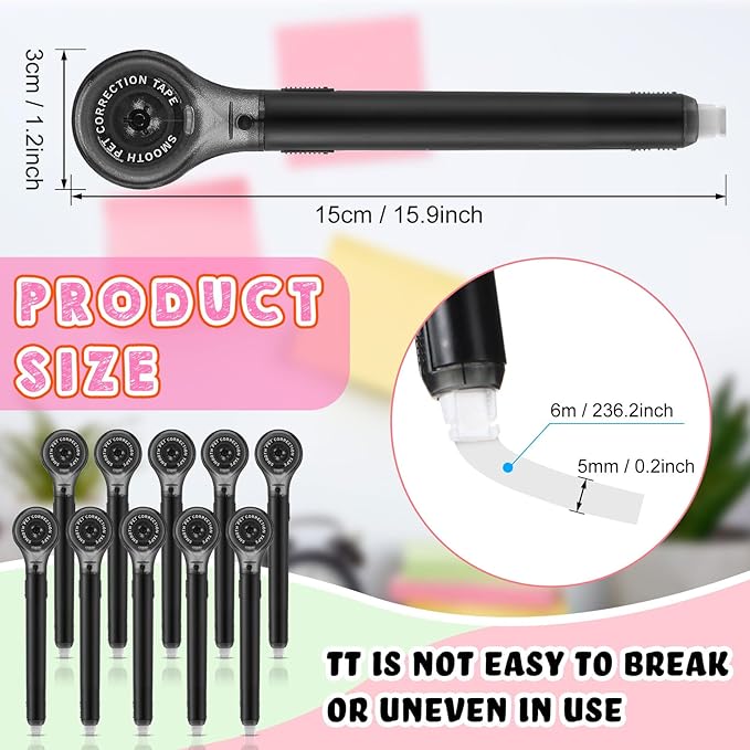 Gersoniel 10 Pack Correction Tape Pen Correctional Ink Tape Push Pull Protective, Easy to Use Applicator for School Office Supplies, 0.2 x 236 Inch(Black Color)