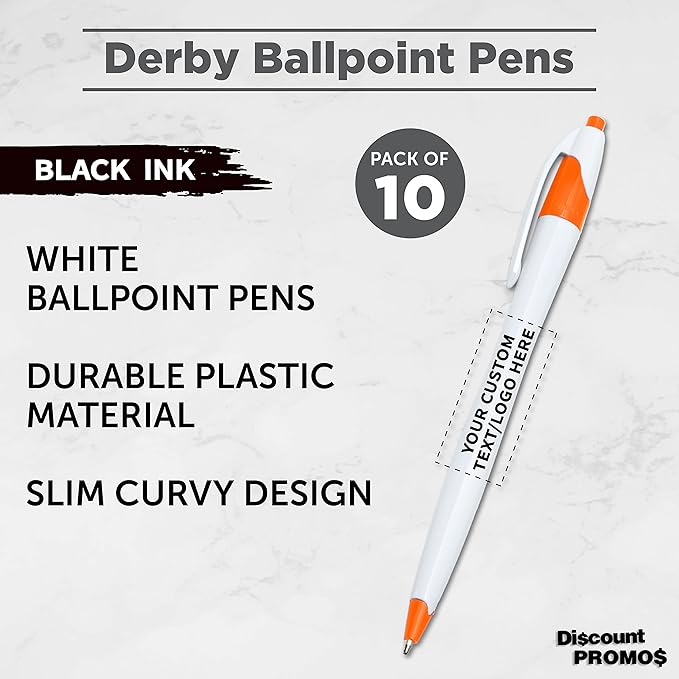 DISCOUNT PROMOS Custom Slim Curvy Ballpoint Pens Set of 10, Personalized Bulk Pack - Black Ink, Retractable, Great for Office, School, Tradeshows - Orange