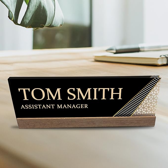 Artblox Personalized Office Desk Name Plate and Business Card Holder | Clear Acrylic Glass with Teak Wood Stand | Abstract Shapes Design Customized with Your Name and Credentials Office Desk Décor