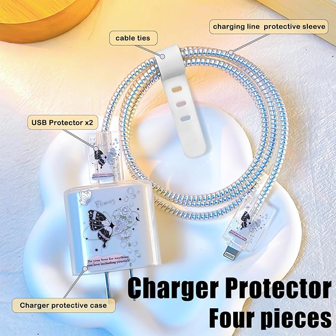 Lovely Cable Protector for iPhone 18W/20W Charger, Blue Black Butterfly Flowers Design Transparent Data Line Cable Saver Phone Charging Protector for Apple Charger Case