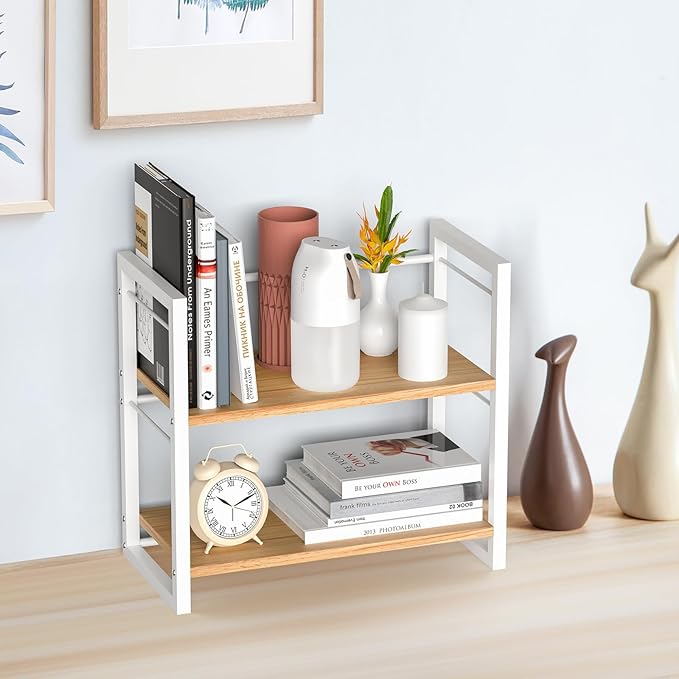 Office Desk Shelf Organizer, Wood Desktop Bookshelf Supplies Storage Rack, Shelf for Top of Desk and Dresser (White-2 Tier)