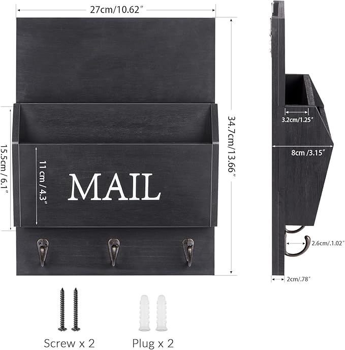 DLQuarts Mail Organizer with Key Holder for Wall, Mail Sorter Wall Mounted, Decorative Wooden Key and Mail Holder with 3 Hooks, Black