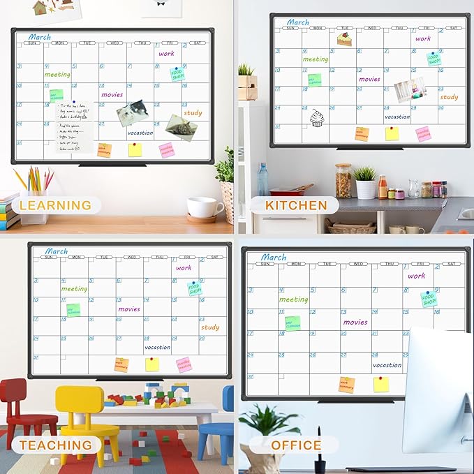 JILoffice Dry Erase Calendar Whiteboard - Magnetic White Board Calendar Monthly 48 X 36 Inch, Black Aluminum Frame Wall Mounted Board for Office Home and School