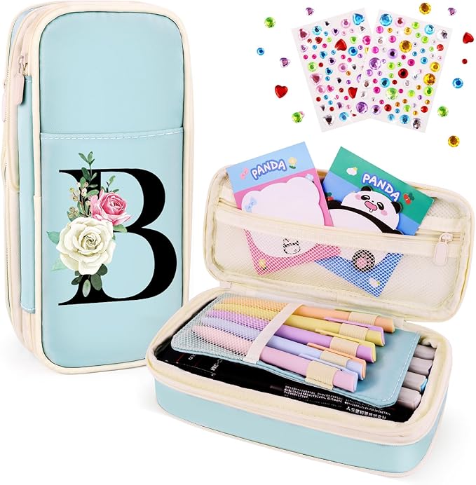 Preppy Pencil Case for Girls, Cute Large Pencil Pouch, Personalized Initial Pencil Bag with Zipper for School College Office Supplies, Back to School Supplies Gifts for Teen Girls (B, Blue)